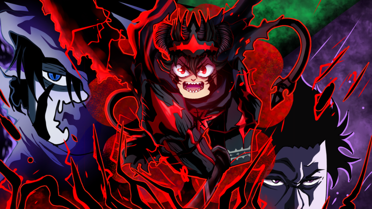 Clover Time early access art of a grinning devil-form character wreathed in red and black energy.