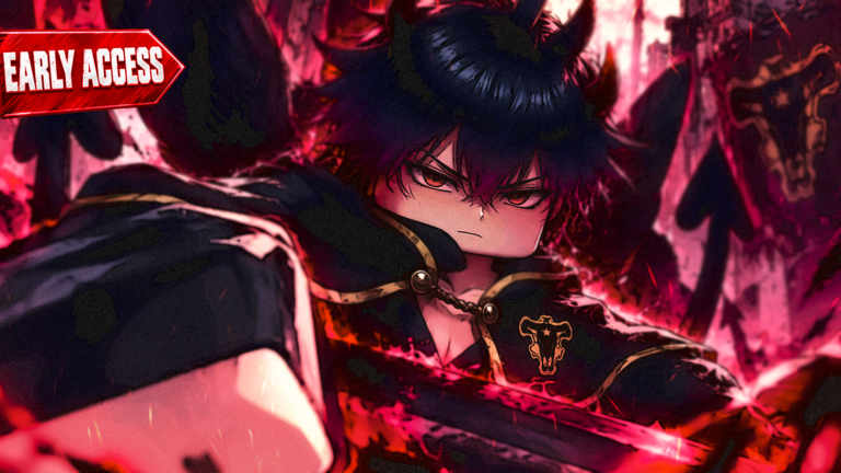 Clover Time early access key art of a horned, winged devil-form swordsman raising a massive anti-magic blade.