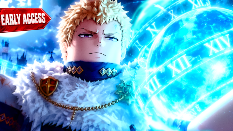 Clover Time art of a royal-knight character in a fur cloak channeling a large blue clock-face time-magic sphere.